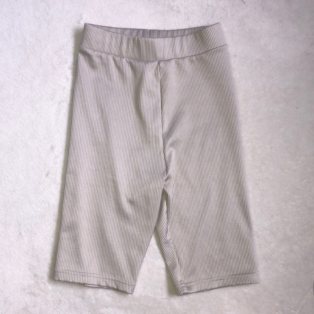 Beige Ribbed High Waisted Fitted Biker Shorts